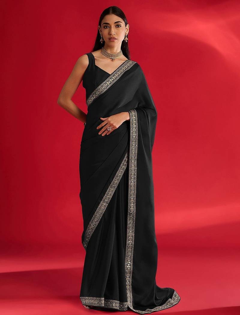 black embroidered satin saree