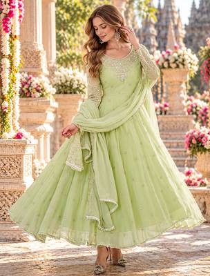 Lime georgette readymade anarkali with embroidery & sequence work 1