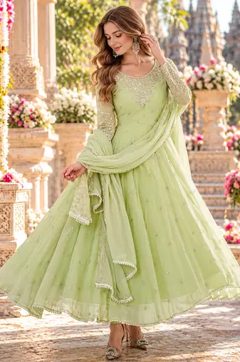Lime georgette readymade anarkali with embroidery & sequence work
