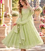 Lime georgette readymade anarkali with embroidery & sequence work