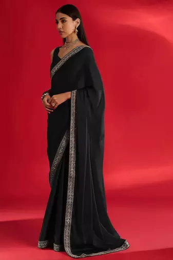 black embroidered satin saree