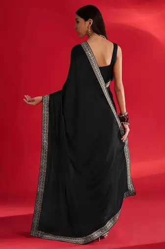 black embroidered satin saree