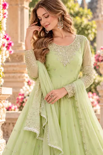 Lime georgette readymade anarkali with embroidery & sequence work
