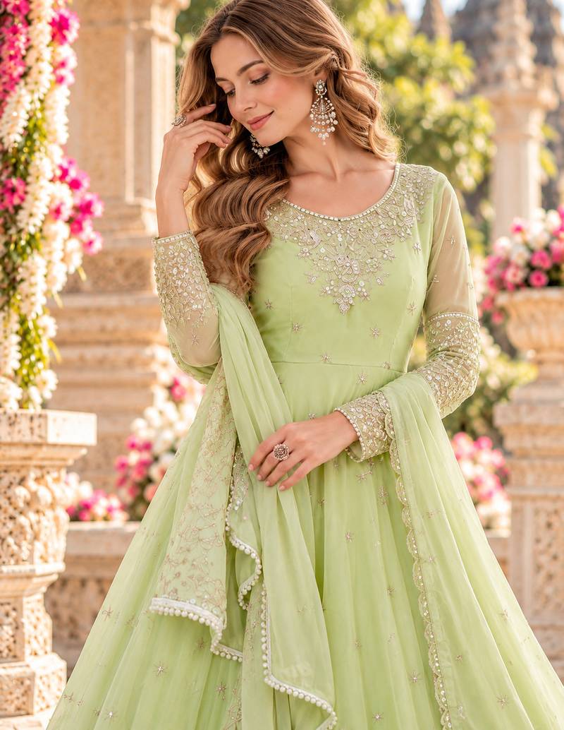 Lime georgette readymade anarkali with embroidery & sequence work
