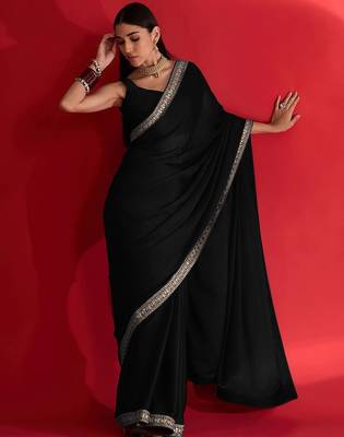 black embroidered satin saree 4
