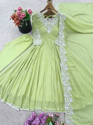 Lime georgette readymade anarkali with embroidery & sequence work 3