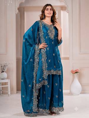 Women embroidered blue kurta with palazzo & dupatta set 1
