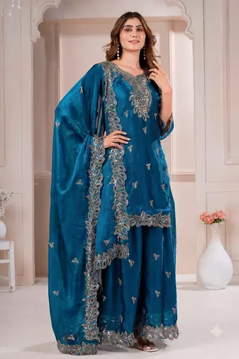 Women embroidered blue kurta with palazzo & dupatta set