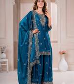 Women embroidered blue kurta with palazzo & dupatta set