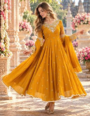 Mustard georgette readymade anarkali with embroidery & sequence work 1