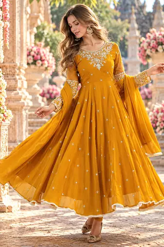 Mustard georgette readymade anarkali with embroidery & sequence work