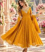 Mustard georgette readymade anarkali with embroidery & sequence work