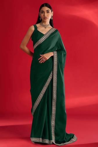green embroidered satin saree