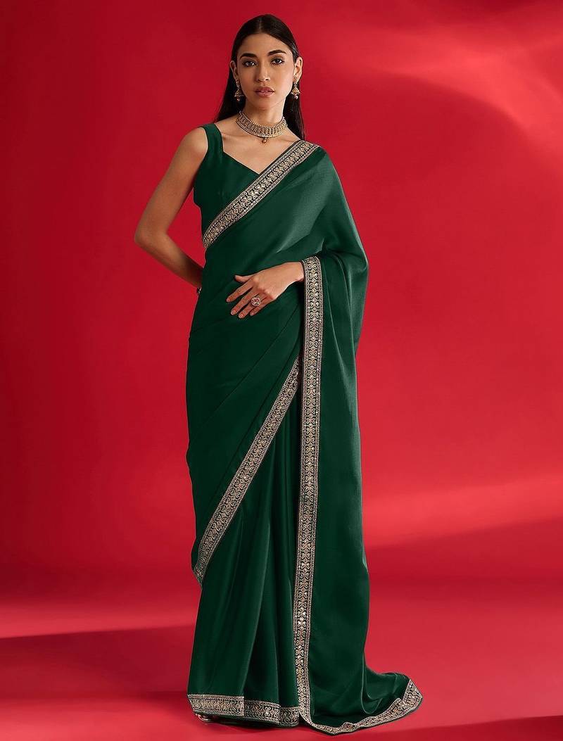 green embroidered satin saree
