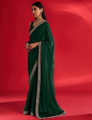 green embroidered satin saree 2