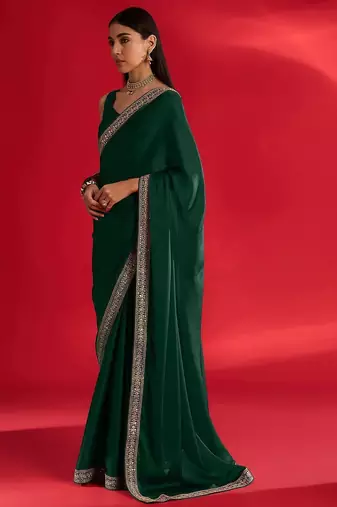 green embroidered satin saree