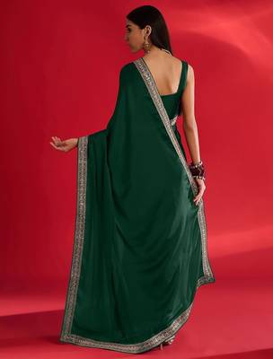 green embroidered satin saree 3