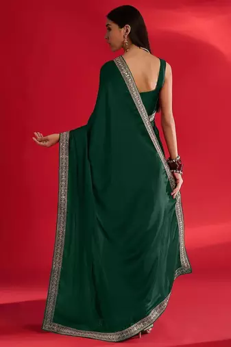 green embroidered satin saree