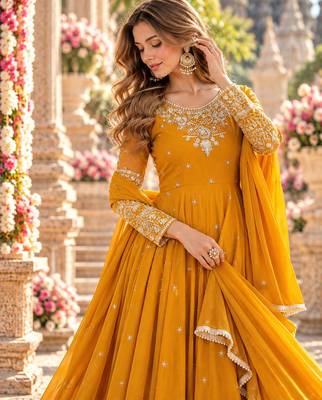 Mustard georgette readymade anarkali with embroidery & sequence work 2