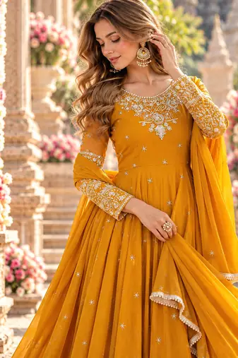 Mustard georgette readymade anarkali with embroidery & sequence work