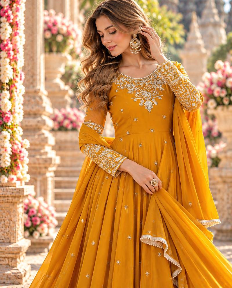 Mustard georgette readymade anarkali with embroidery & sequence work