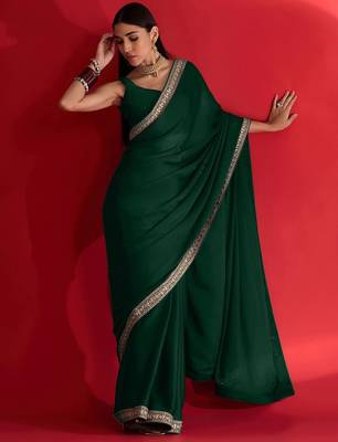 green embroidered satin saree 4