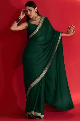 green embroidered satin saree