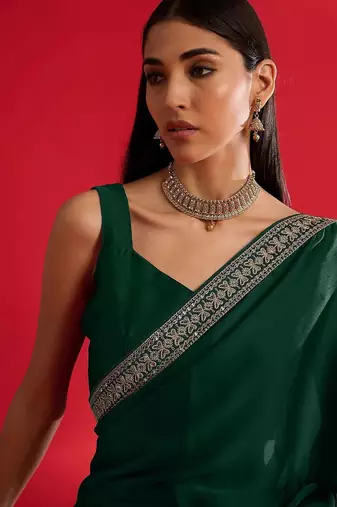 green embroidered satin saree
