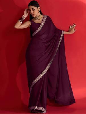 magenta embroidered satin saree 1