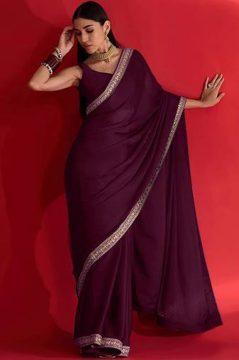 magenta embroidered satin saree