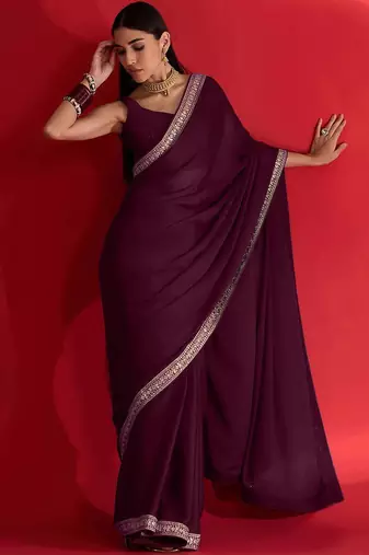 magenta embroidered satin saree