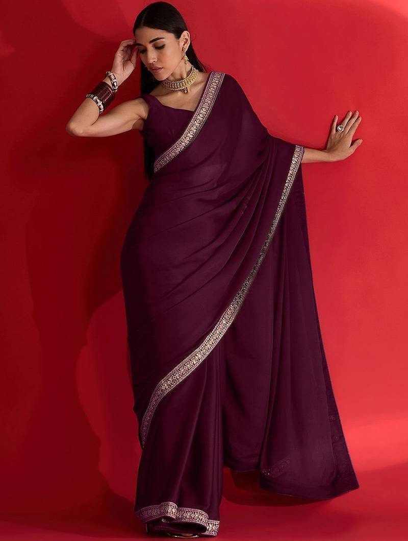 magenta embroidered satin saree