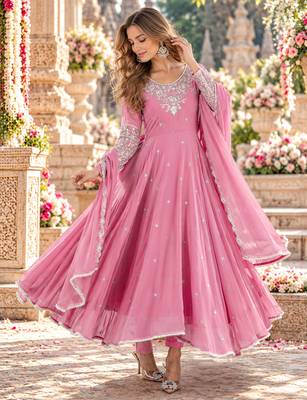 Pink georgette readymade anarkali with embroidery & sequence work 1