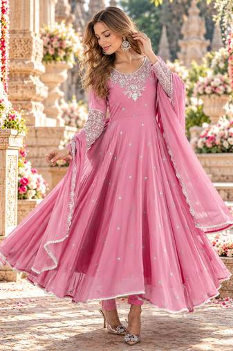 Pink georgette readymade anarkali with embroidery & sequence work