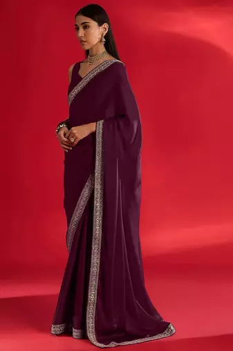 magenta embroidered satin saree