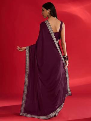 magenta embroidered satin saree 3