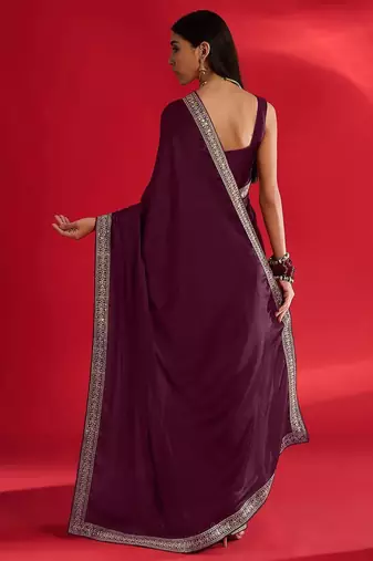 magenta embroidered satin saree