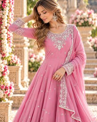 Pink georgette readymade anarkali with embroidery & sequence work 2