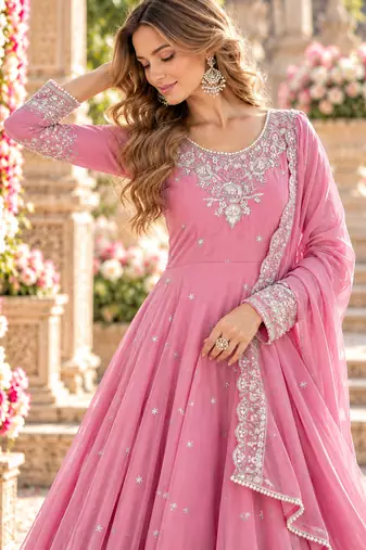Pink georgette readymade anarkali with embroidery & sequence work