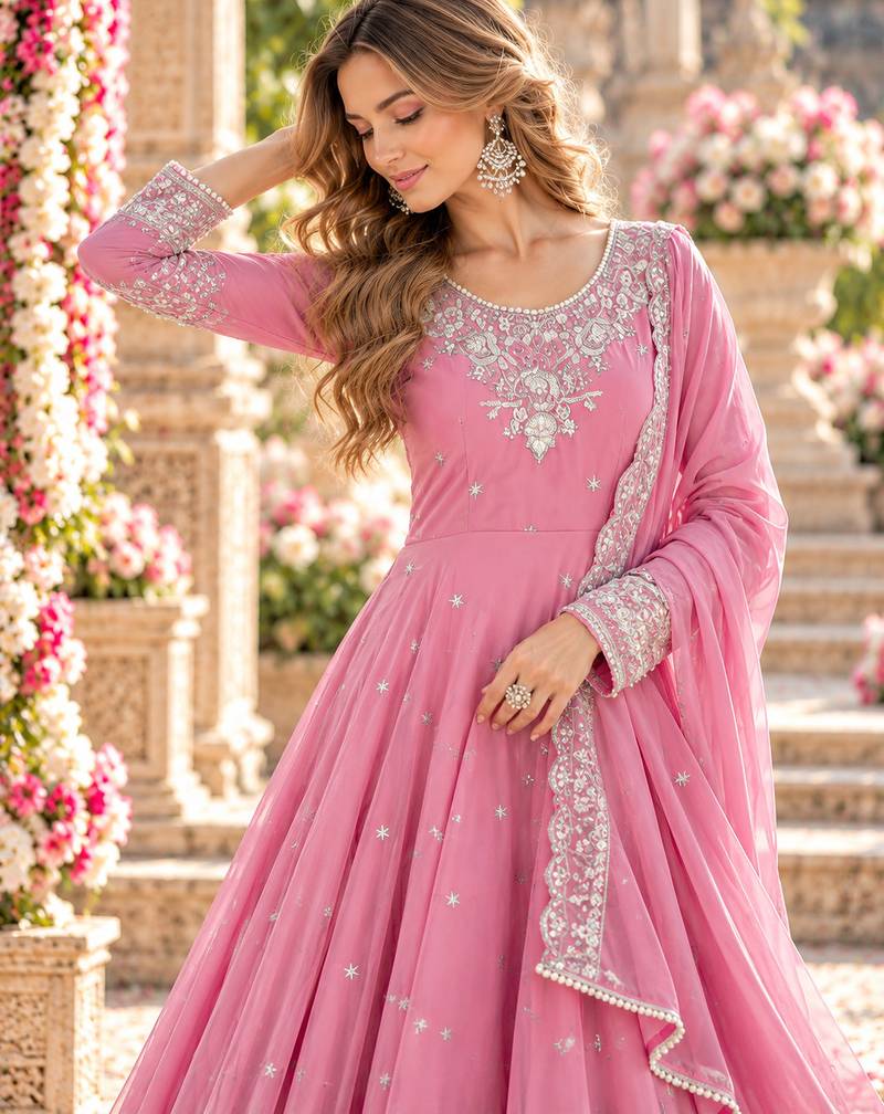 Pink georgette readymade anarkali with embroidery & sequence work