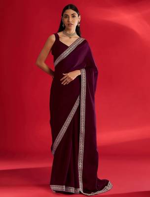 magenta embroidered satin saree 4
