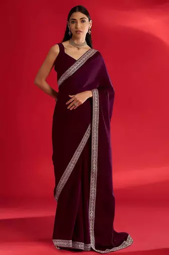 magenta embroidered satin saree