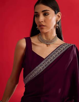 magenta embroidered satin saree 5