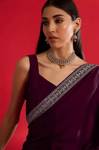 magenta embroidered satin saree