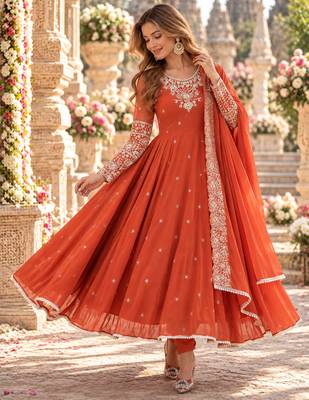 Orange georgette readymade anarkali with embroidery & sequence work 1
