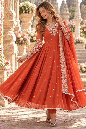 Orange georgette readymade anarkali with embroidery & sequence work