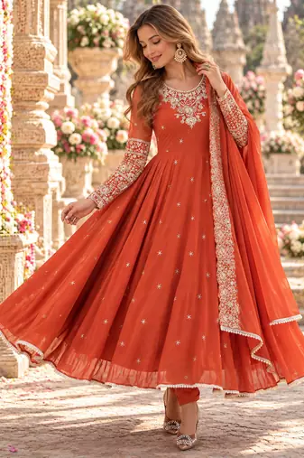 Orange georgette readymade anarkali with embroidery & sequence work
