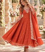 Orange georgette readymade anarkali with embroidery & sequence work