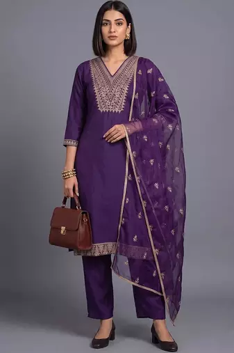 women ethnic motifs embroidered regular thread work kurta with trousers & with dupatta