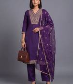 women ethnic motifs embroidered regular thread work kurta with trousers & with dupatta